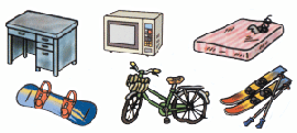 机、テレビ、マットレス、スノーボード板、自転車、スキー板などの粗大ごみのイラスト