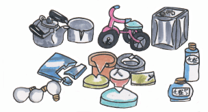 三輪車、やかん、電球などその他不燃ごみのイラスト