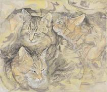 中央に3匹の猫が寄り添っているように見える作品