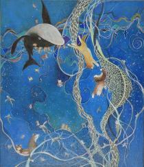 海の中のような景色で、クジラが逆さに泳ぐ様に描かれ、犬のような動物2匹が追いかけるように描かれ、水の中になびいている紐の様なものの上に動物が座っている様子が描かれいる絵画の作品