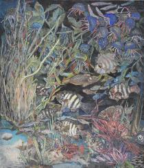 海の中に水草や色々な種類の魚、クラゲが沢山泳いでいる様子を描いている絵画の作品
