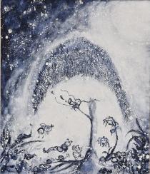 真っ暗な夜空に星がきらめいており、虫のような妖精たちが草の中で楽しく戯れているような絵画の作品
