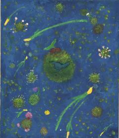 濃紺に塗られた背景に緑の大小の星が描かれて、黄色い花のつぼみのようなものが流れ星のように流れている絵画の作品