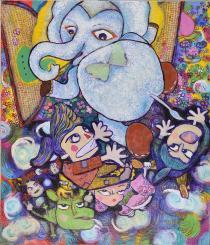 白い像の下に人間2人が像に捕まろうと両手を伸ばしている様子が描かれている絵画の作品