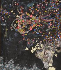人の顔の上に魚のような物が描かれ色とりどりの鱗が広がって見える絵が描かれている作品