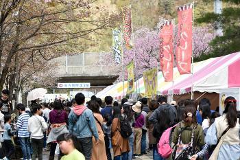 桜の咲いている木の下に「クレープ」と書かれてあるのぼり旗や商品名が書かれたのぼり旗が立っており露店がずらりと並び、沢山のお客さんで賑わっている様子の写真