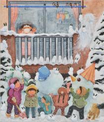家の中にいる子どもがマスクを付けて窓に張り付いて外の様子を見ており、外には子ども達が雪の降る中雪だるまを作っている様子を描いている作品