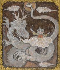 白いとぐろを巻いた龍と雲の上に乗った角のある鬼のような物が描かれている作品