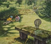 蜘蛛の巣と蜘蛛の向こうに公園のベンチと小さな子ども2人が座り込んで遊んでいる様子が描かれている作品