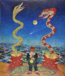 ワニの前に赤い帽子を被った人が立っており、その後ろには筒のような物から出てきた、黄色い蛇と赤いシマシマ模様の蛇が向かい合って描かれている作品