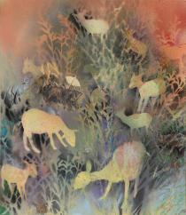 草むらの中にたくさんの鹿が草を食べている様子を、影で幻想的な雰囲気で描いている作品