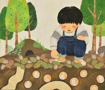 男の子がしゃがみ込んで、葉っぱを右手で掴んでおり、土の中の様子や後ろに5本の木が描かれている作品