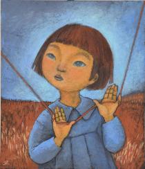 おかっぱ頭の青いワンピースを着た女の子が赤いあやとりの紐を両手にかけている絵を描いている絵画の作品
