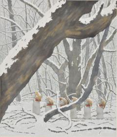 冬の森に雪が降り積もっており、木々に雪が降り積もる中、傘を被ったお地蔵様が6体並んで空を見上げている絵が描かれた作品