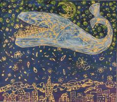 町の上に花や星や月、大きな鯨が描けれている作品
