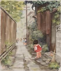 玄関先で赤いワンピースを着た小さな女の子が通りの向こうに描かれている子ども達を見ている様子が描かれている絵画の作品