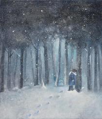 雪の降り積もる森に足跡がありその先の木々に青いコートを着て白いマフラーを巻いた人が木に持たれかかっている絵が描かれ作品