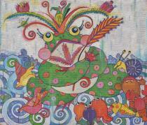 体に丸いピンクやオレンジ色の模様がついているカエルが描かれ、頭にもきれいな羽が生えているおしゃれなカエルが描かれている作品