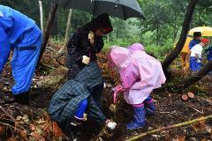 作業者が濡れないように一人の児童が雨の中傘をさして、カッパを着た児童二人が植樹をしている写真